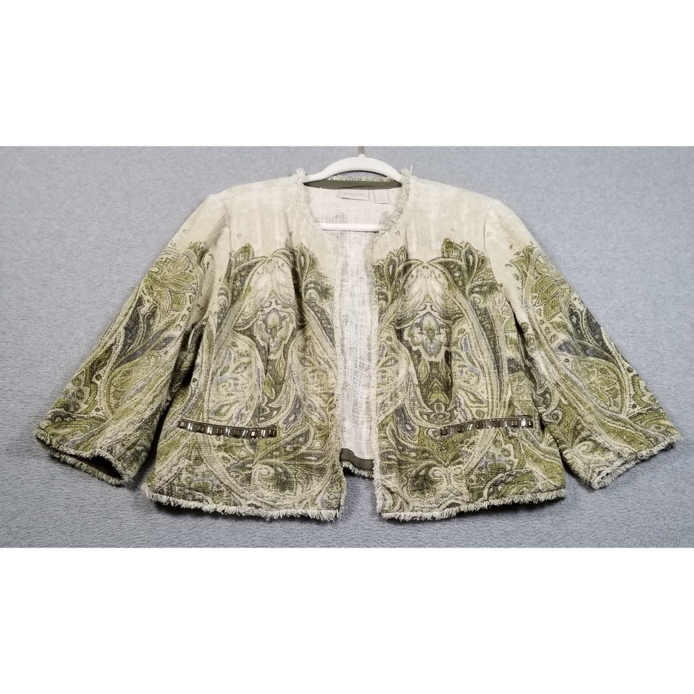 Chico's Open Front Jacket Womens 2 Large Green Paisley 3/4 Sleeve Texture Fringe